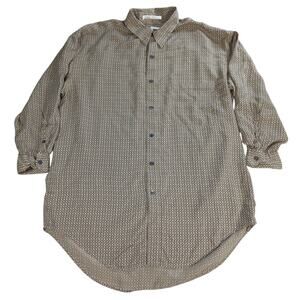 Perry Ellis Mens L 100% Silk Shirt Beige Brown Blue Geometric Print Long Sleeve
